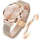 OLEVS Damenuhr Roségold mit Herz Diamant Rosa Gesicht Quarz Armbanduhr Wasserdicht Gürtel Armreif...
