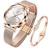 OLEVS Damenuhr Roségold mit Herz Diamant Weiße Gesicht wasserdicht Armreif Armband Set...