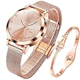 OLEVS Damenuhr Roségold mit Herz Diamant Rosa Gesicht Armbanduhr wasserdicht Armreif Armband Set...
